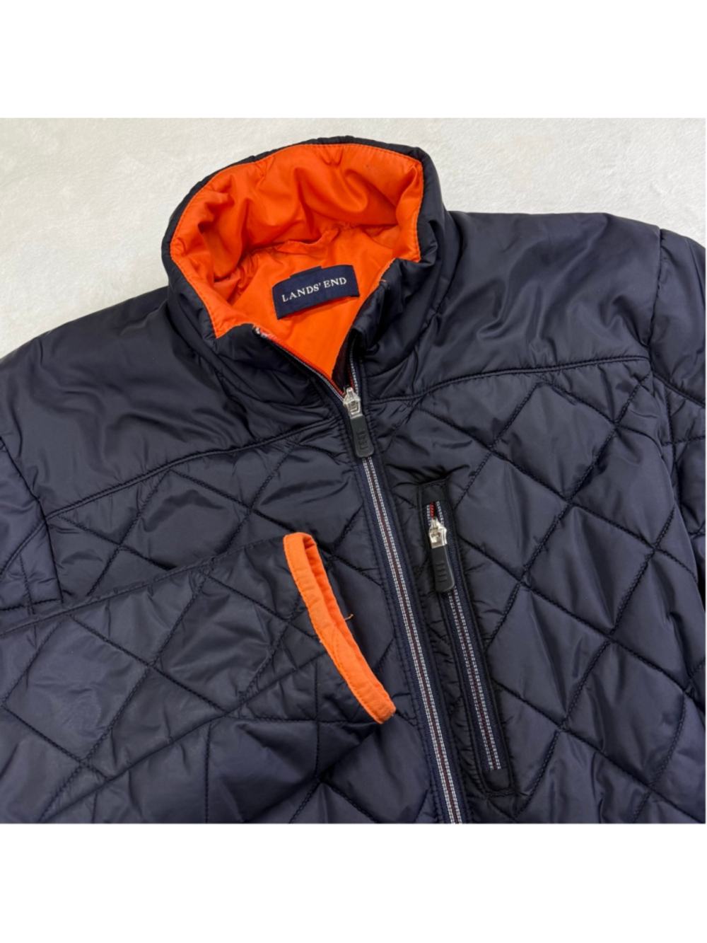 Men's Lands' End Quilted Puffer Jacket Small Black Orange Primaloft